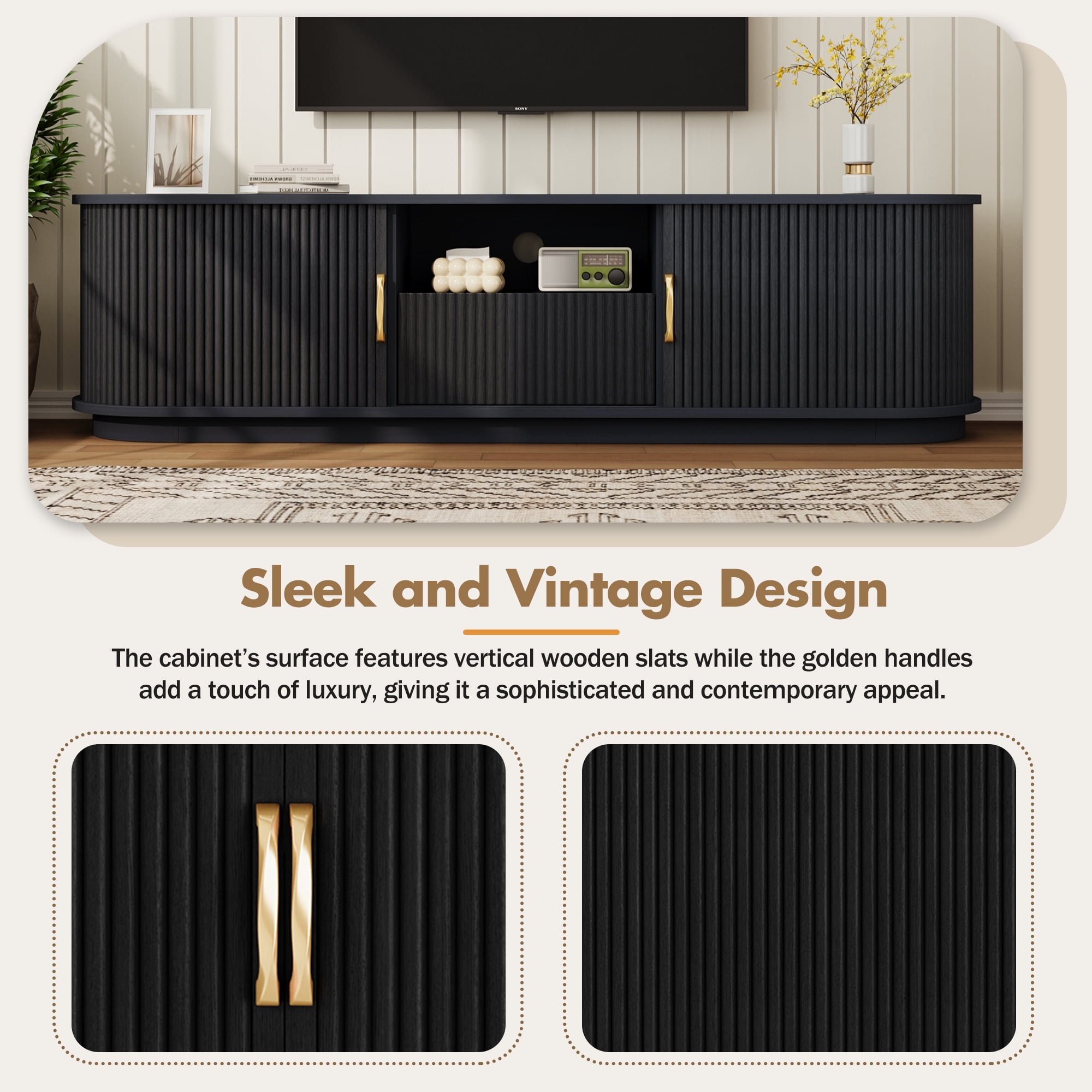 Aukfa Fluted TV Stand for TVs up to 75", Wood Entertainment Center with Sliding Doors for Living Room,Black