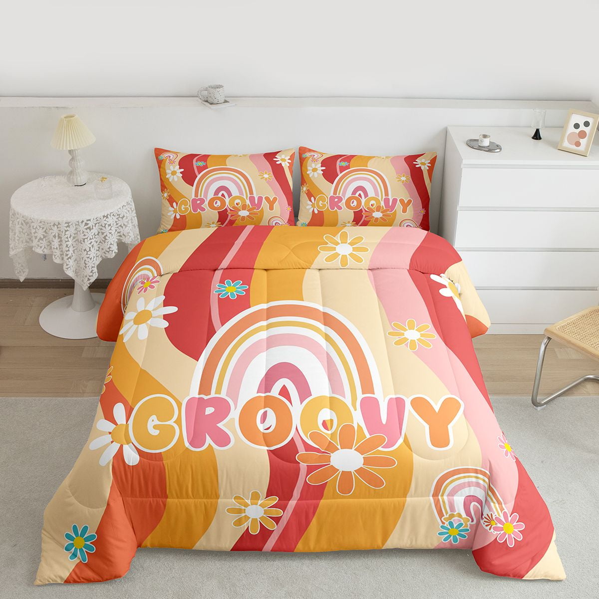 Feelyou Orange Groovy Flower Bedding Comforter Set, Cartoon Rustic Daisy Twin Comforter Sets, Kawaii Rainbow Print Reversible Bedding Set, Ultra Soft Bedroom Decor, 2 Pieces