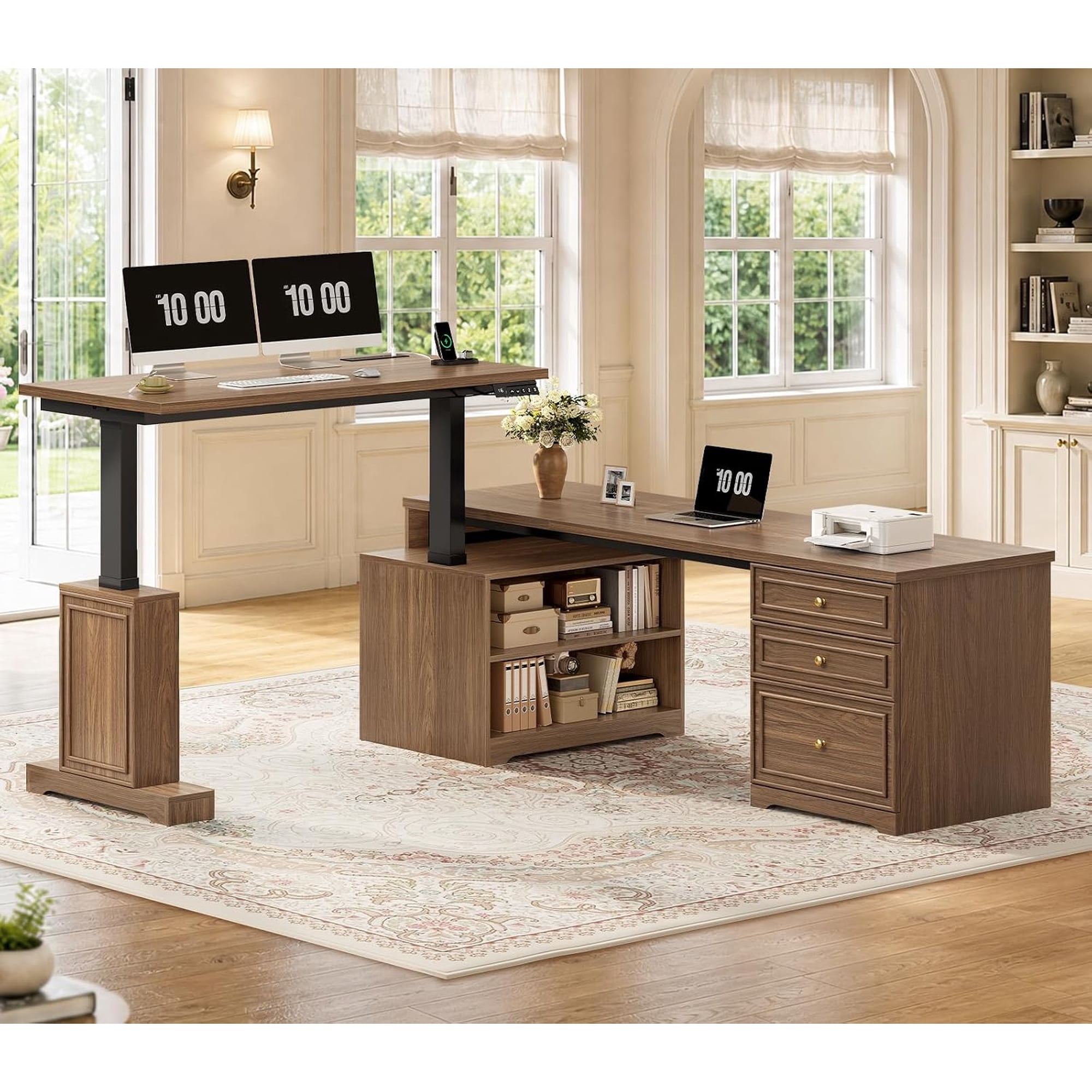 L Shaped Electric Standing Desk 67 x 67 Height Adjustable Office Executive Desk with Drawers & Shelves Farmhouse Sit Stand Computer Desks with Power Outlet for Home Office Black+Brown Farmhouse