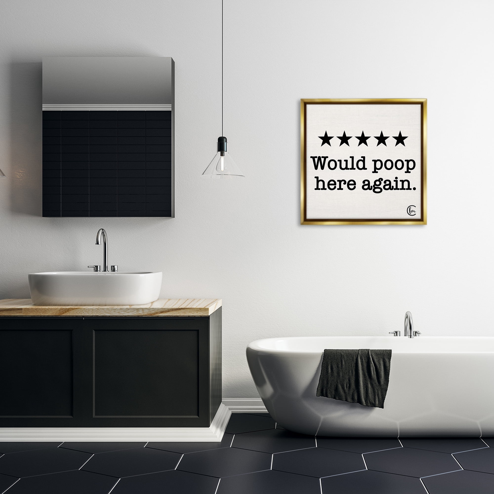 Stupell Industries Bathroom Rating Five Stars Typography Painting Gold Floater Framed Canvas Art Print Wall Art, 25 x 25