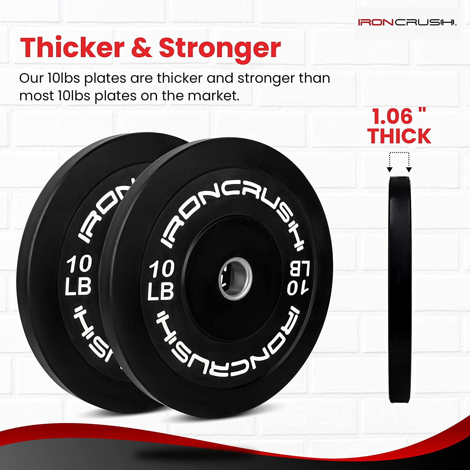 Iron Crush Olympic Bumper Plates Set - Virgin Rubber Weights for Strength Training - Stainless Steel Inserts, Fits 2" Barbells - Low, Dead Bounce for Safety - 10lb to 45lb - Sold in Pairs