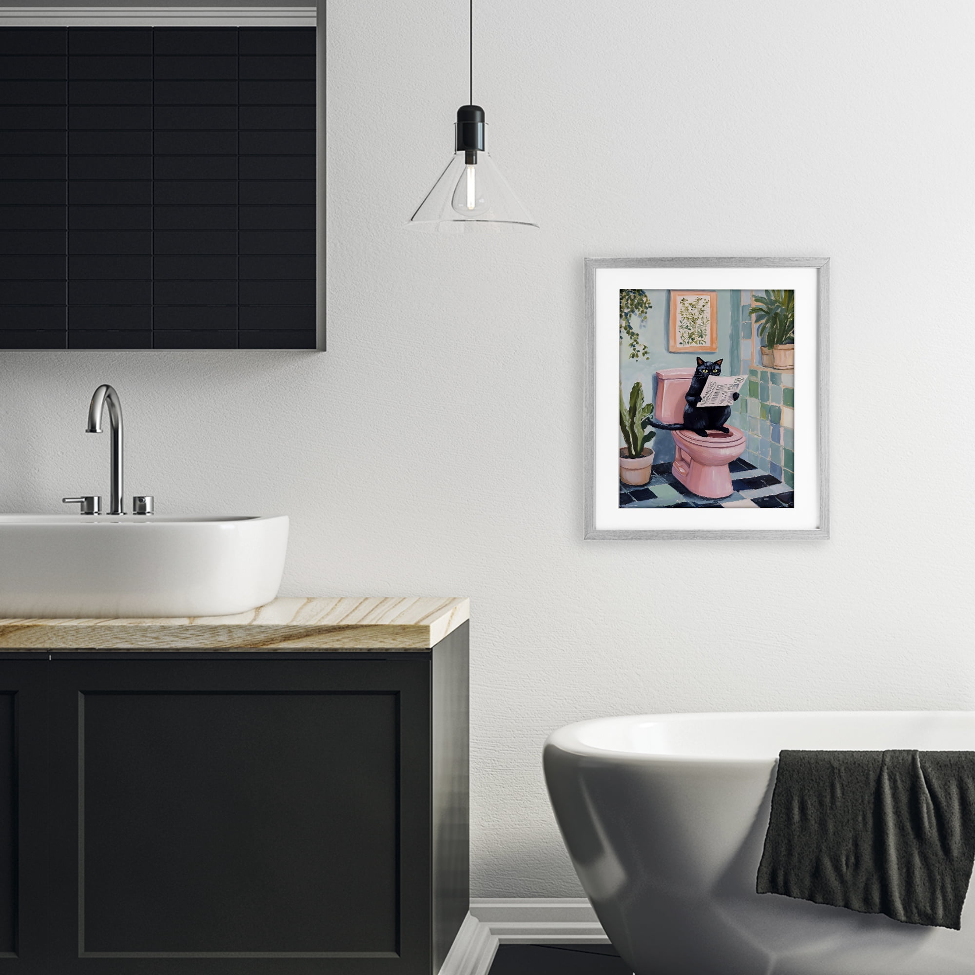 Stupell Industries Cat Reading on Pink Toilet Gray Framed Print Under Glass, design by The Prints Vibe