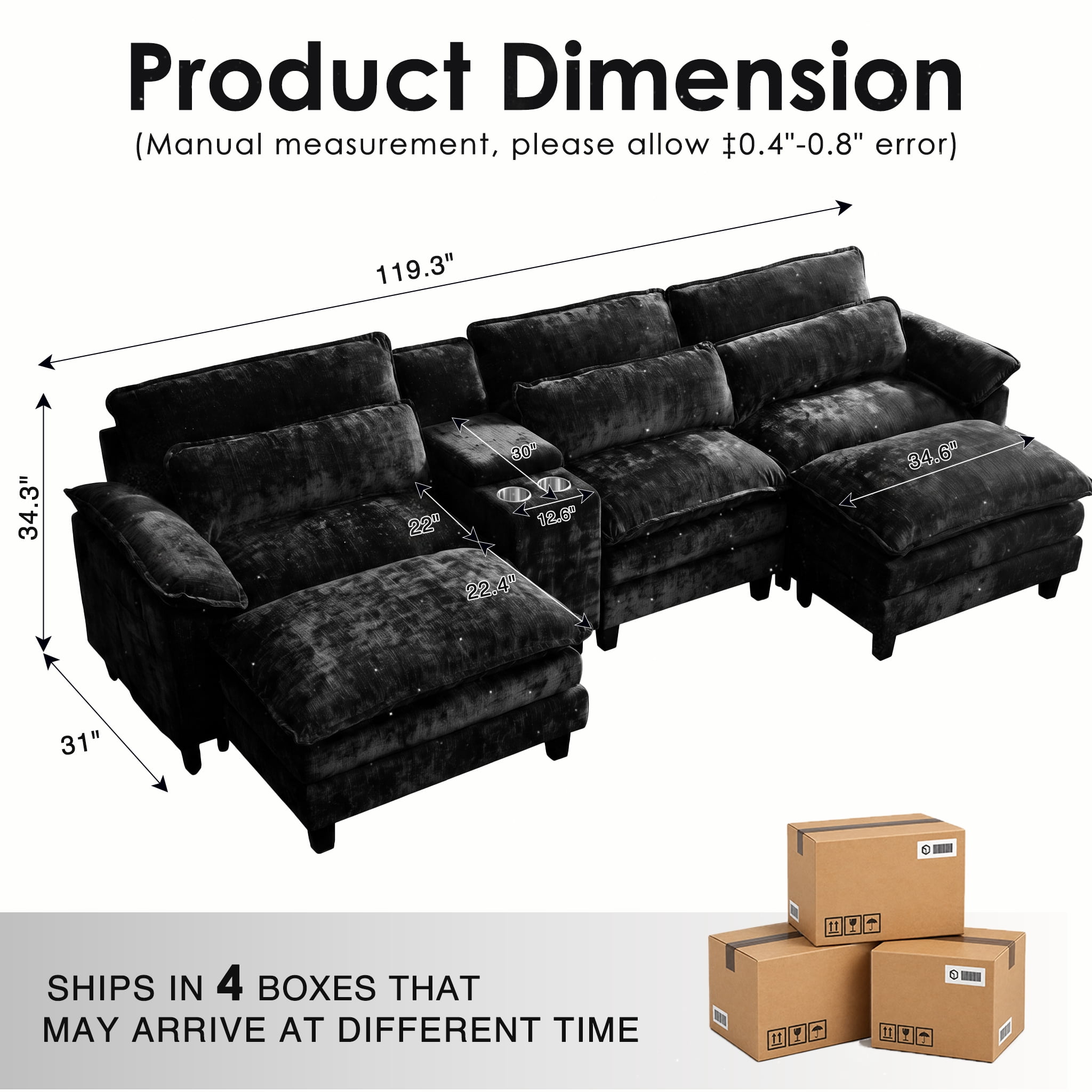 UBERLYFE 119" U-Shaped Cloud Sectional Sofa, Modular Couch With Double Chaise, USB Charging Ports, Hidden Storage & Cup Holders For Living Room, Black
