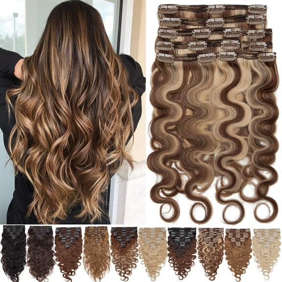 Benehair Clip In 100% Real Remy Human Hair Extensions Double Weft Thick Full Head 18" 20" Body Wave Wavy Curly Brown Hair