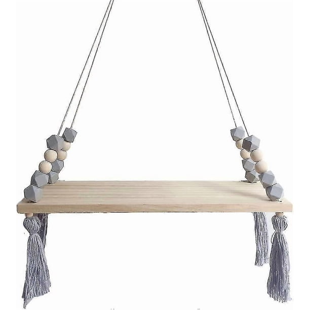 Nordic Wall Shelf - With Floating Ropes - Home Decor, Dense Wood, Light Gray, One Size