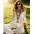thumbnail image 4 of Two Piece Sets for Women,Women's 2 Piece Linen Cotton Set Fashion Off Shoulder Loose Top and Wide Leg Pants Boho Casual Vacation Loungewear Outfits, 4 of 8