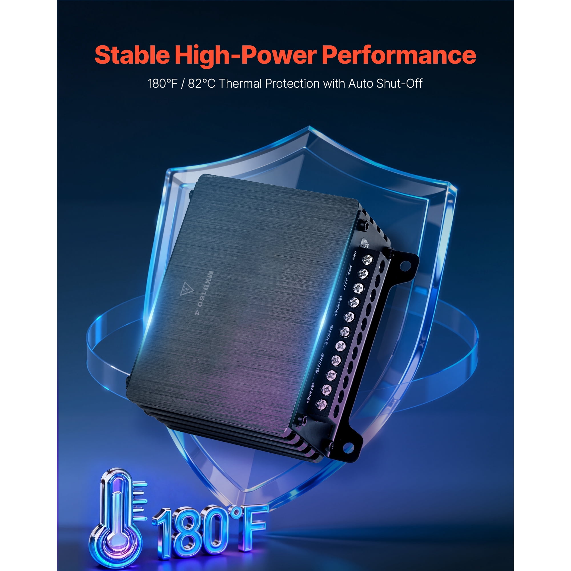 KFFKFF 4-Channel Car Audio Amplifier, 2 Ohm Stable, Bridgeable Class D Full Range Amp, Max Output: 4 x 110W @ 4 Ohm / 4 x 160W @ 2 Ohm, Suitable for Cars, SUVs, Trucks, and Off-Road Vehicles