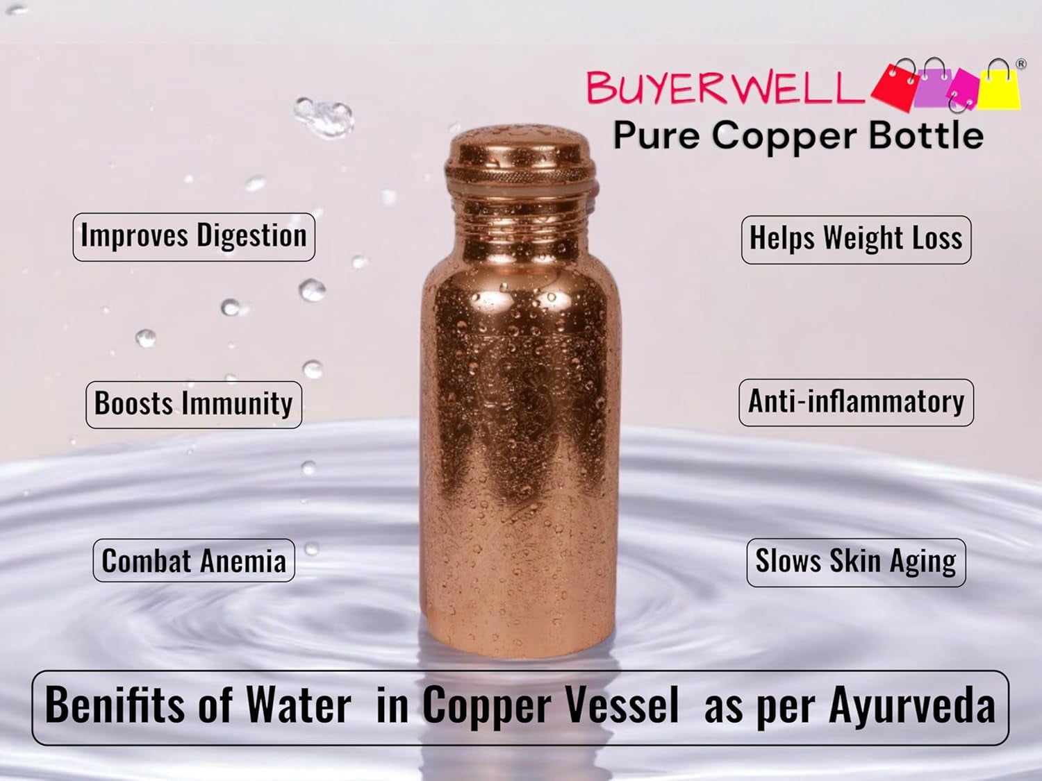 Buyerwell Pure Copper Embossed Water Bottle 17 Oz with Lid Ayurvedic Water Bottle Copper Water Vessel Small Leak Proof Seamless Finish