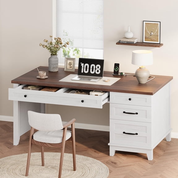 Farmhouse Wood Home Office Desk with Drawers – 53.5" Executive Writing Table – Built-in Power Outlets, Adjustable File Cabinet – Distressed Finish-Not Include chair