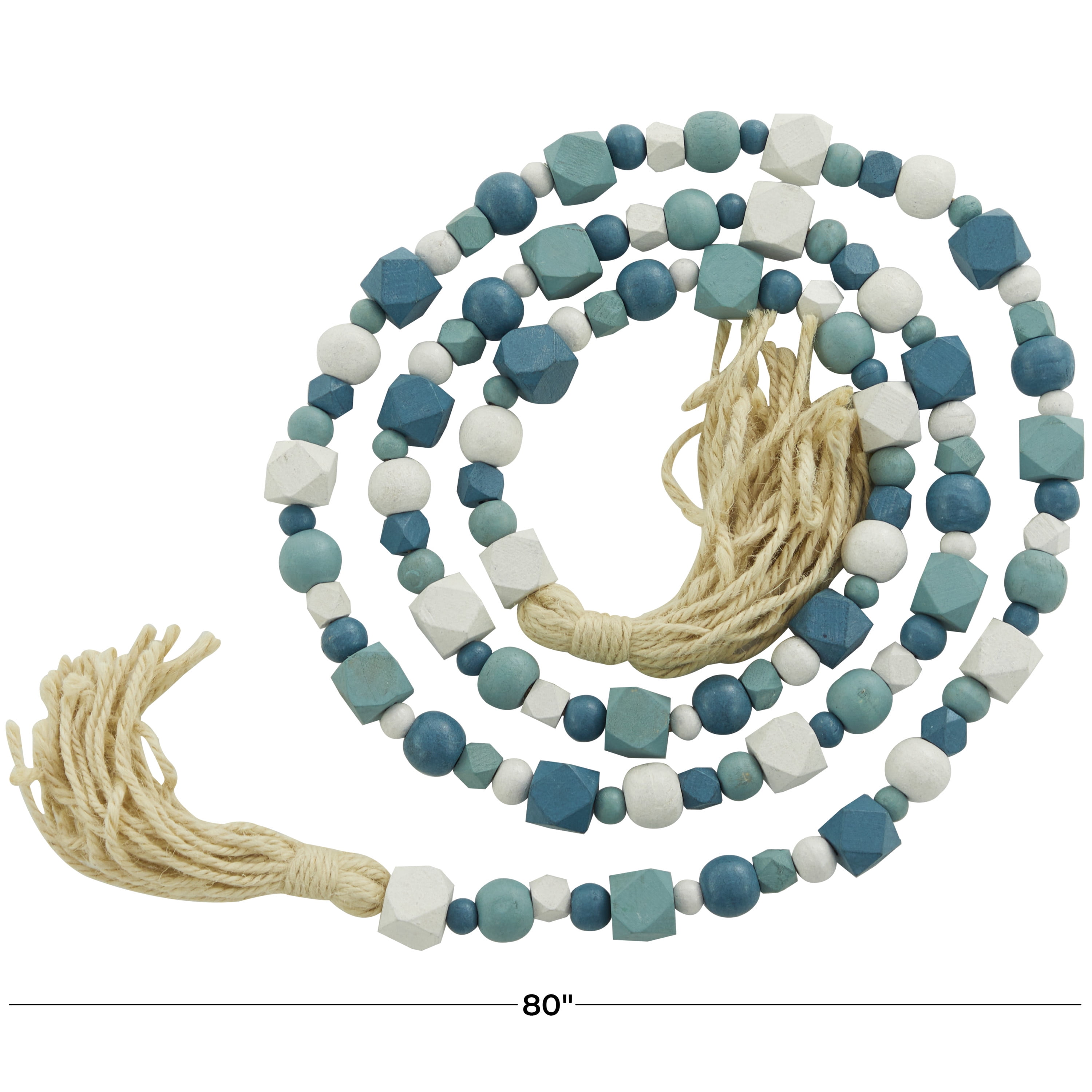 DecMode Blue Wood Bohemian Garland Décor with Geometric Bead Details and Cream Cotton Tassel, 81"L