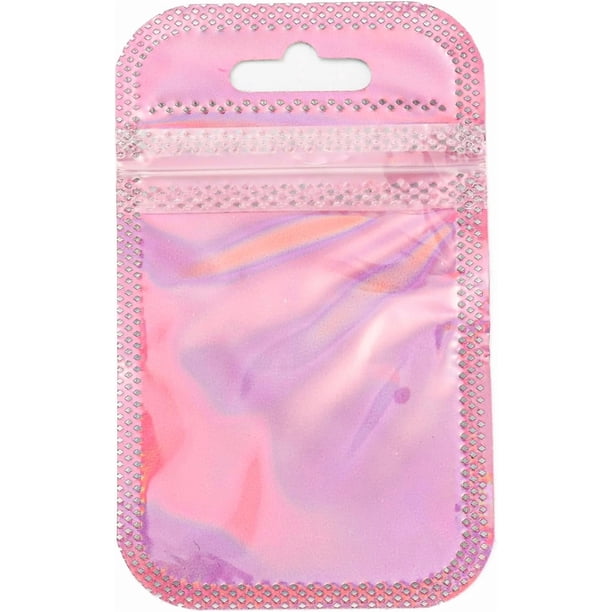 100 bolsas de celofán con cierre hermético, de plástico, con purpurina holográfica, de 2,1 x 3,5 pulgadas y autoselladas.