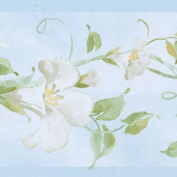 Concord Wallcoverings Wallpaper Border Vine Floral Pattern Flowers Leaves Sky Clouds for Living Room, Light Blue Green White Yellow, 7 Inches by 15 Feet RY3252B