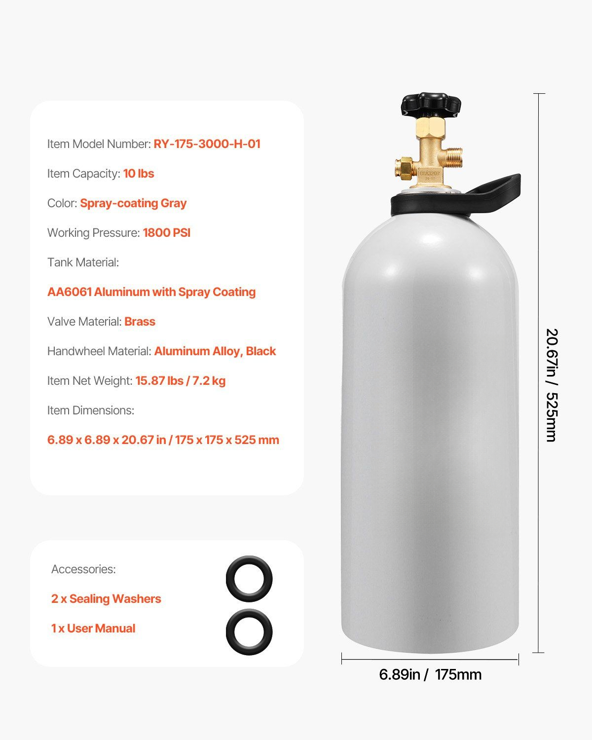 10 lb Aluminum CO2 Tank Cylinder - DOT Approved CGA320 Valve Gas Cylinder for Kegerators, Homebrew Beer, Soda Carbonation & Aquarium Use (New, Lightweight Alloy Construction)