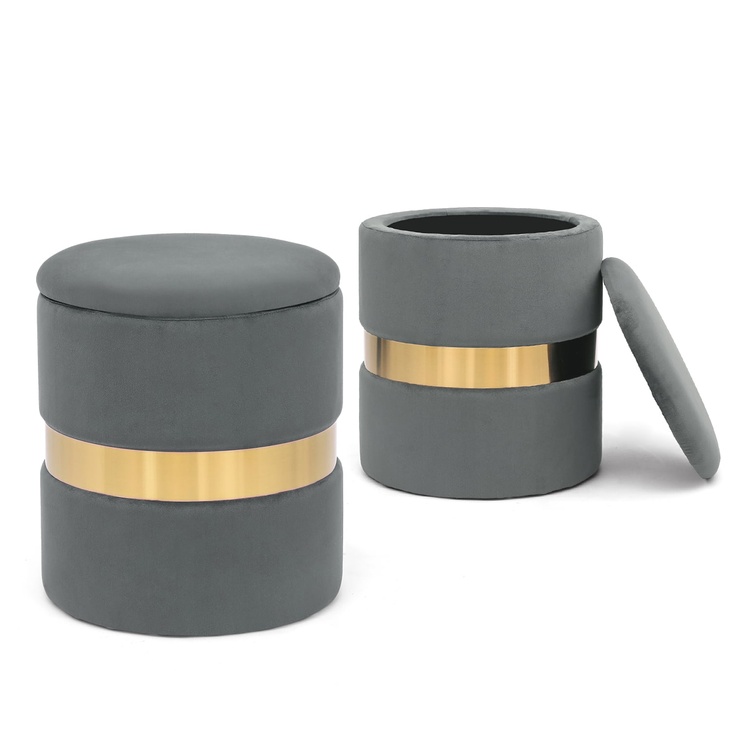 Homebeez Round Velvet Storage Ottoman,Vanity Stool Modern Upholstered Footstool Gray , Pack of 2
