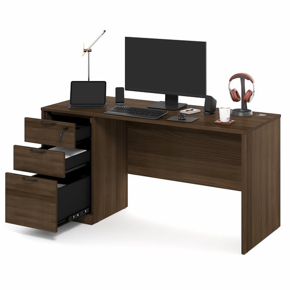 Furinno ROGER 60" Desk w/ File Cabinet 3-Drawer Cord Grommet Modern Walnut