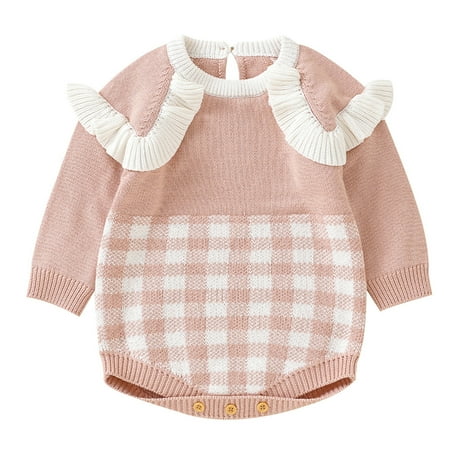 

Zlekejiko Boys Girls Long Sleeve Plaid Knitted Ruffles Sweater Baby Bodysuit Romper 1 Piece Outfits Clothes