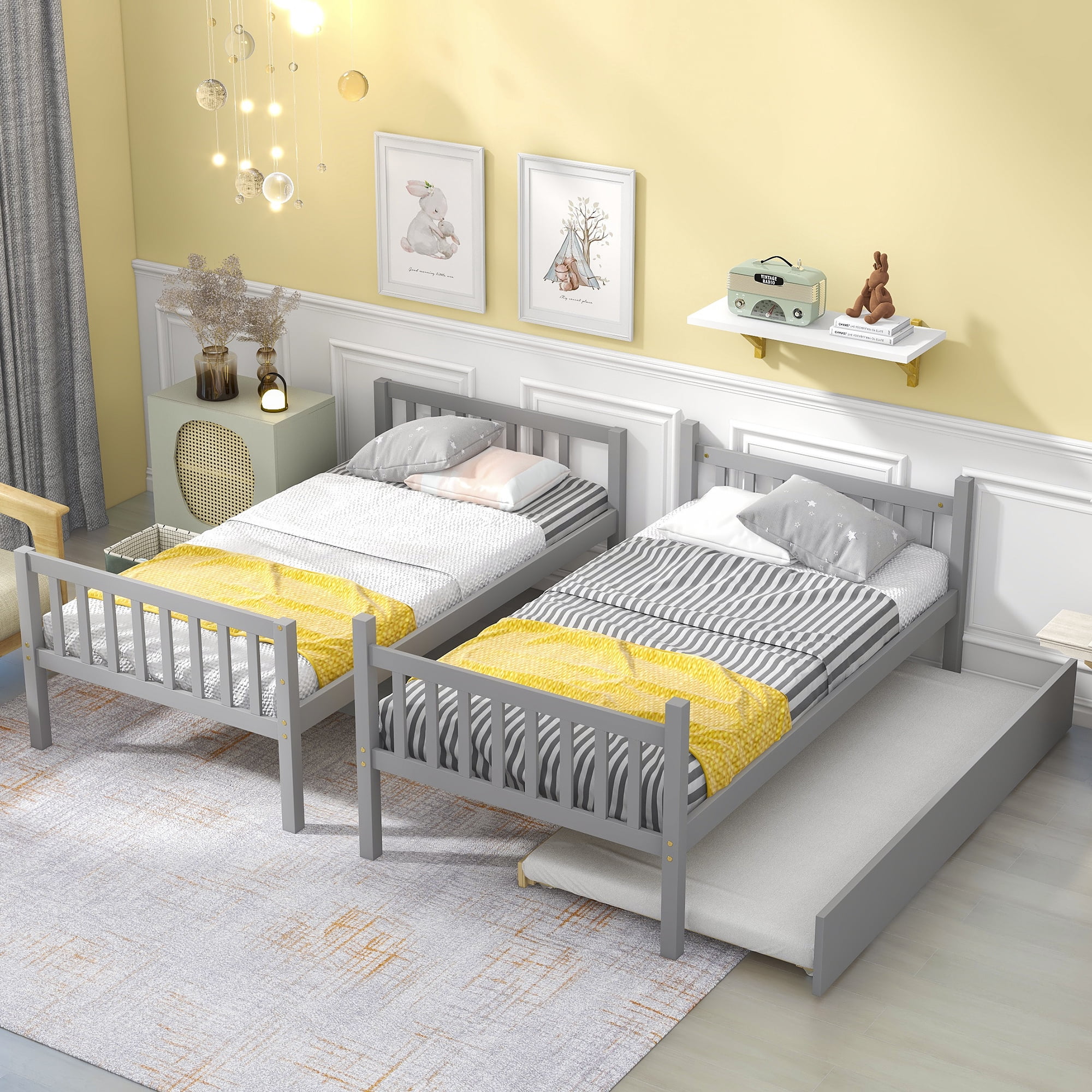 Aukfa Twin over Twin Bunk Bed with Trundle, Wooden Bunk Bed Frame for Kids - Gray