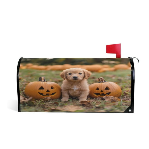 Mailbox Covers Magnetic Large Size 25.4x20.78 in Mailbox Wraps Post for Garden Yard Decor A Puppy Sitting Between Two Oumpkins