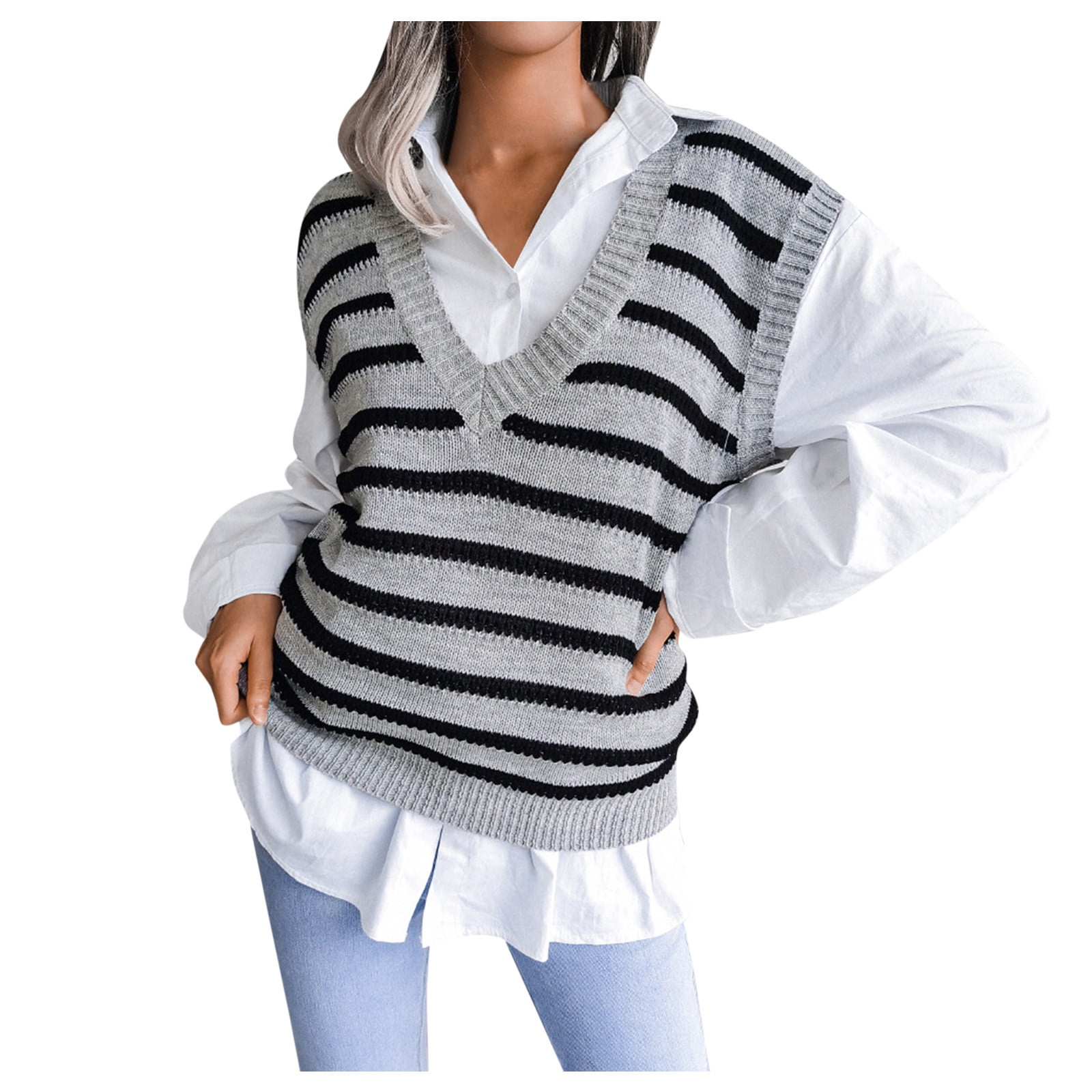 Womens V Neck Pullovers Sea Stripes Sweaters Lightweight Rib Chunky Casual Jumper Tops