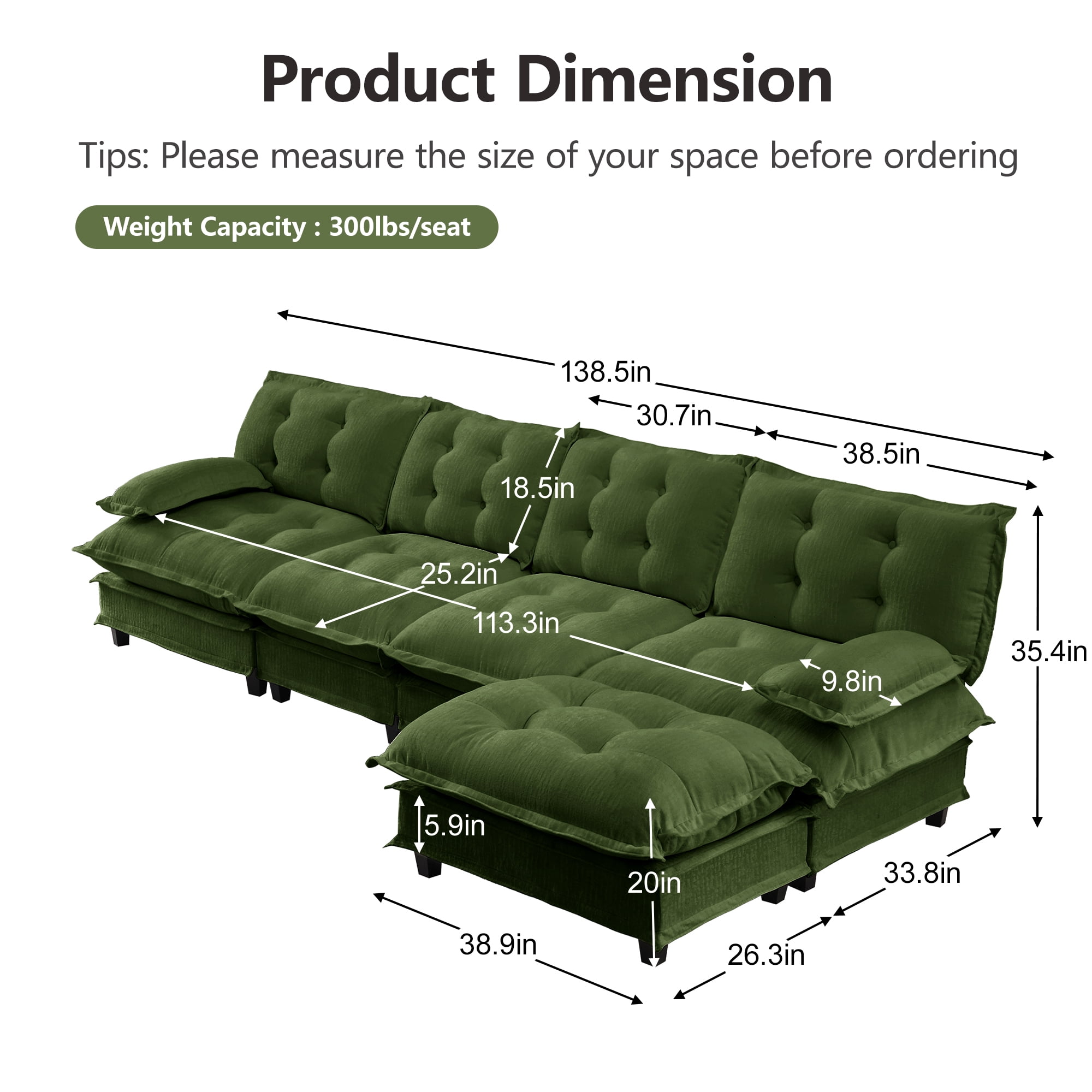 AISWORD 138" L-Shaped Modular Sectional Cloud Sofa with Ottoman, Chenille Fabric Deep Seat Couch with Lattice Decored Cushions