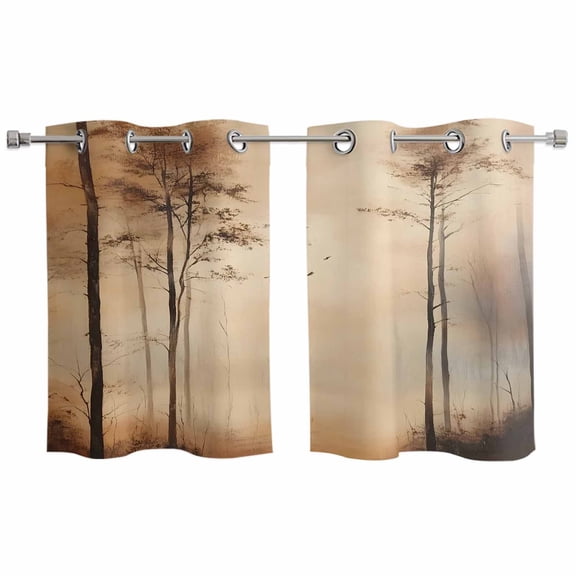 Brown Forest Kitchen Curtains Small Short 39 Inch Length, Mysterious Rustic Farmhouse Tree Grommet Top Bedroom Living Room Curtains, Light Filtering Cafe Curtain Drapes 2 Panels Set 55''x39''