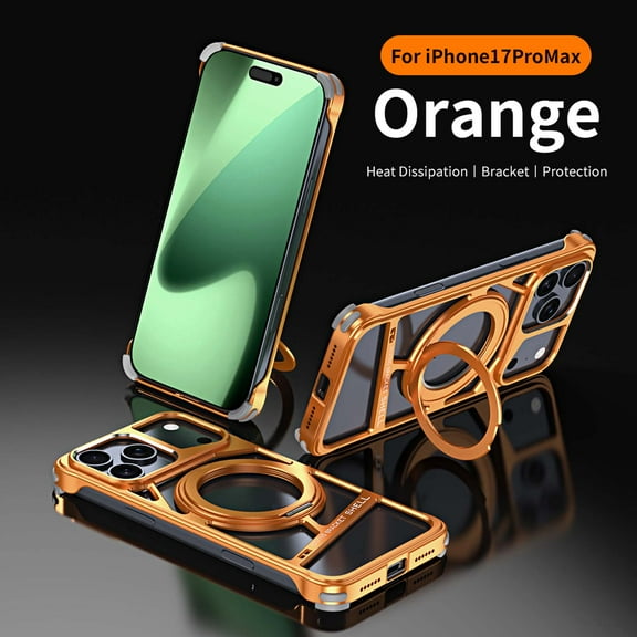 For iPhone 17 Pro Max Metal Frameless Phone Case,With 360° Rotating Ring Kickstand,No Back No Frame Design,Ultra Slim Shockproof Protection Rugged Thin Bumper Phone Case Cover,Orange