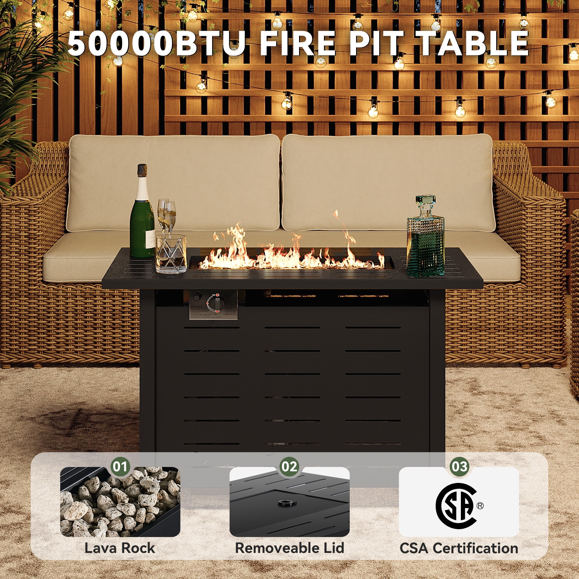 Aoxun 44" Propane Fire Pit Table, 50,000 BTU Auto Ignition Steel Gas Fire Pit with Removable Lid & Waterproof Cover for Patio, Backyard, Black