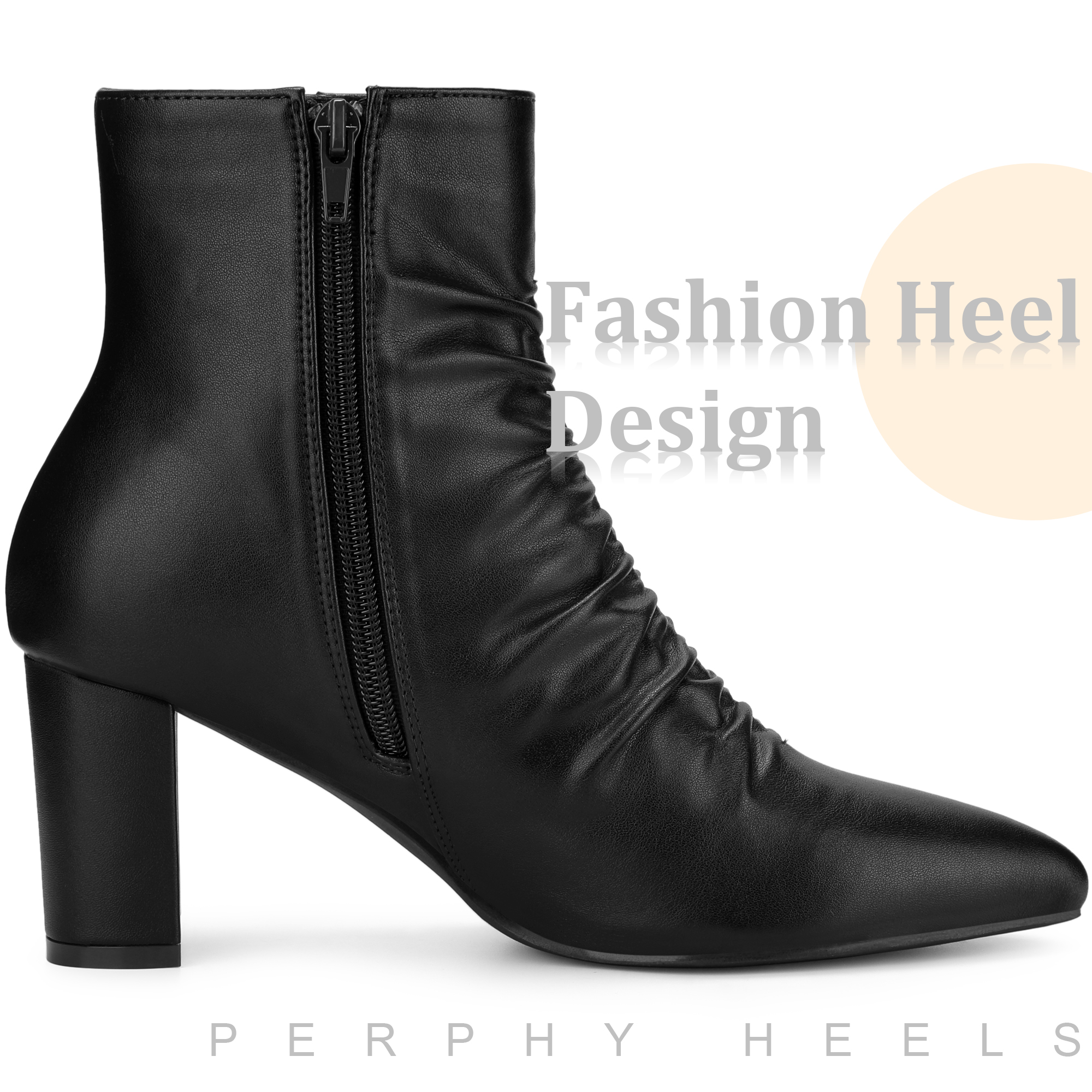 DARING DIVA Ruched Dress Boots Pointed Toe Chunky Heels Ankle Boots Black 6