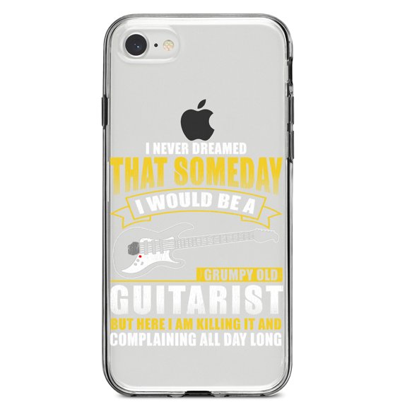 DistinctInk Clear Shockproof Hybrid Case for iPhone 7 8 SE (2020 Model) 4.7" Screen TPU Bumper Acrylic Back Tempered Glass Screen Protector - Never Dreamed I'd Be Grumpy Old Guitarist