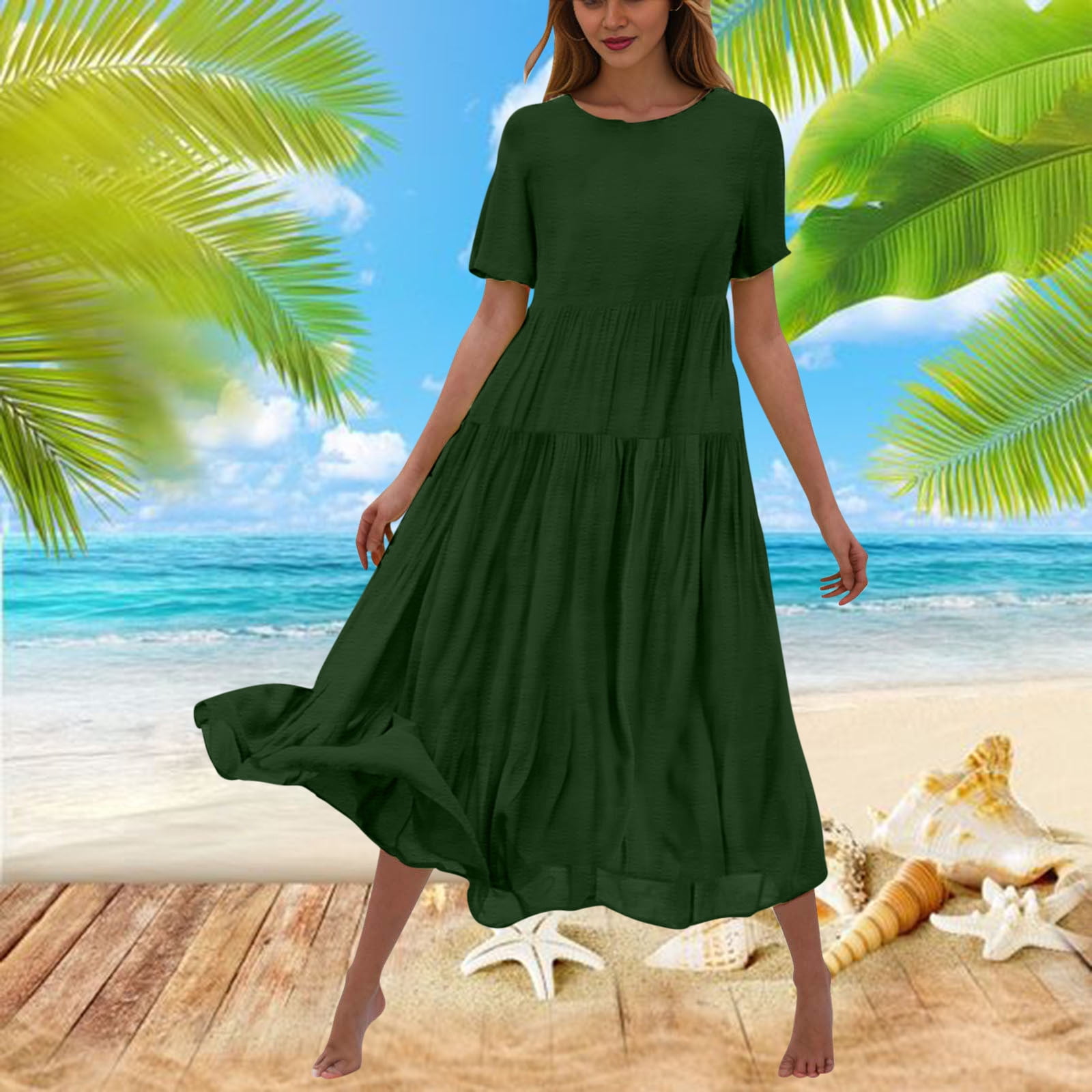 Hueook Casual Dresses for Women Women's Flower Solid Color Casual Short Sleeve Crewneck Dress Casual Flowy Tiered Maxi Beach Dress Green XL
