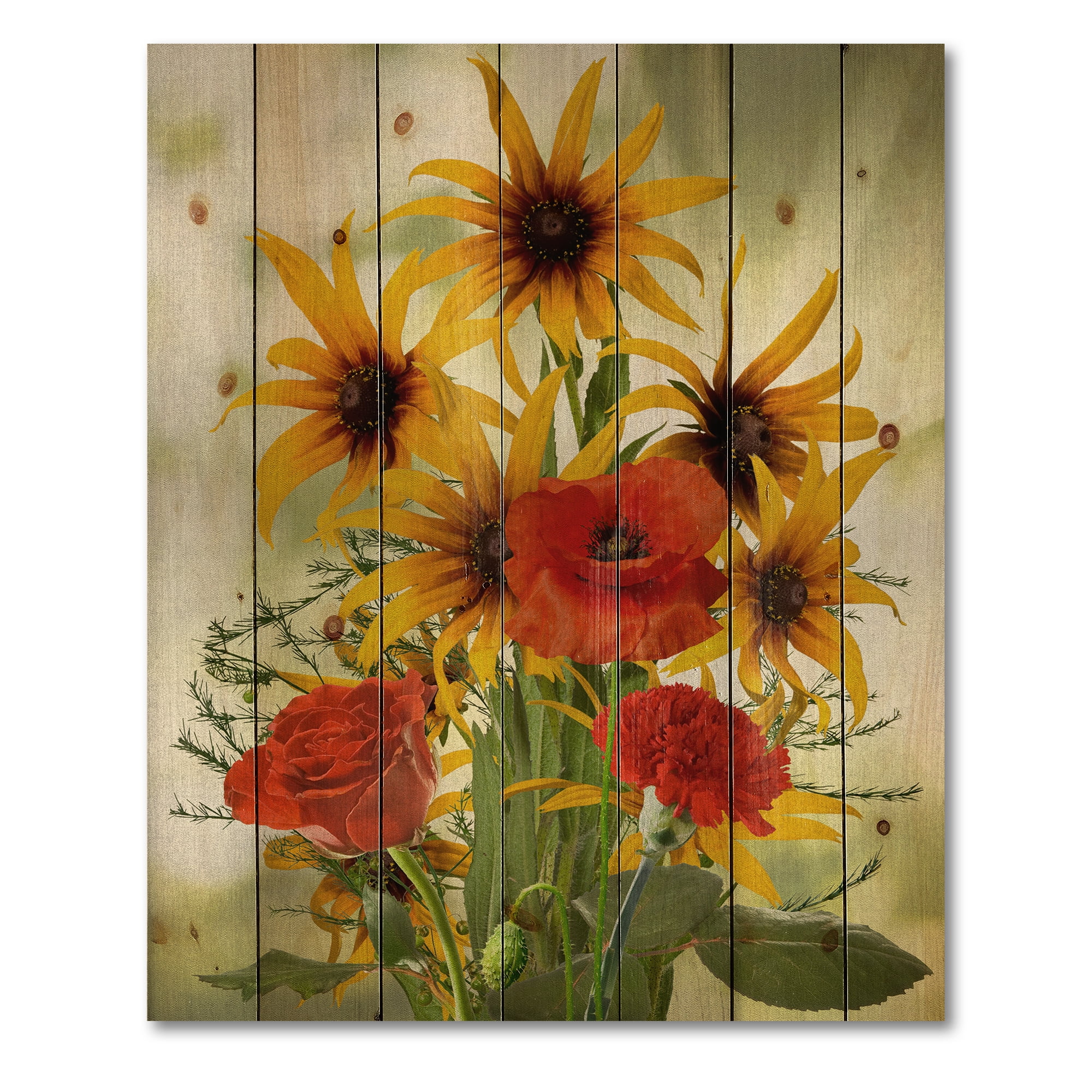 Designart 'Poppies and Sunflowers In The Wild' Traditional Print on Natural Pine Wood
