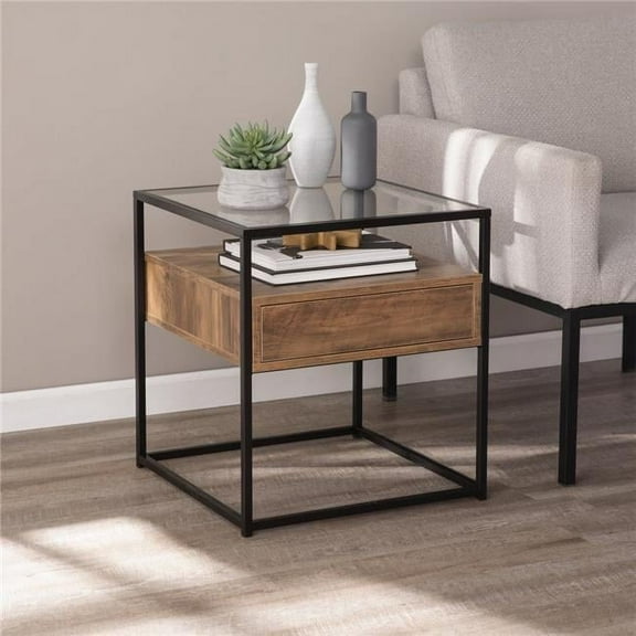 22 in. Glass & Iron Square End Table with Drawer with Shelf, Black