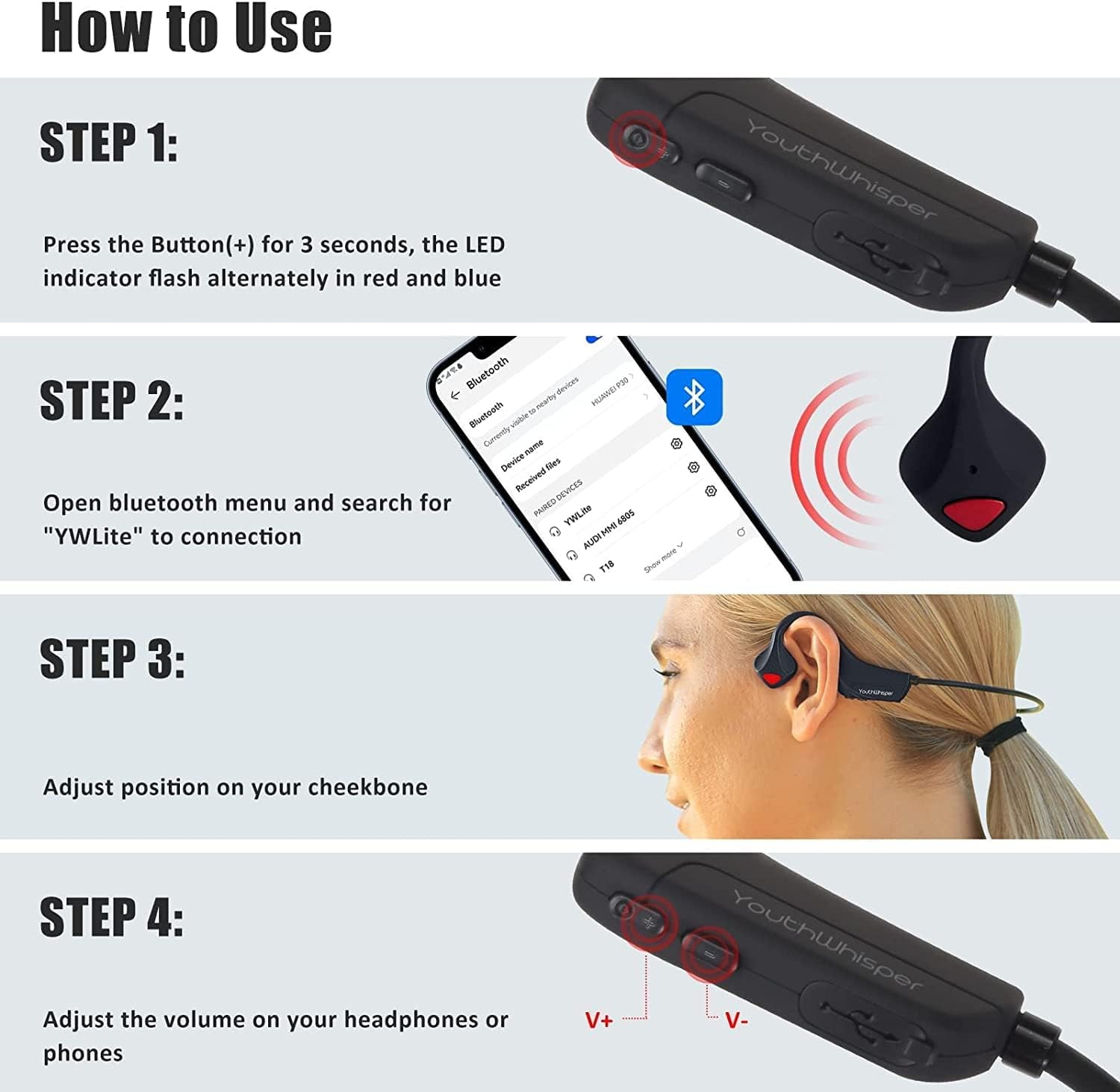 YouthWhisper Bone Conduction Headphones Bluetooth 5.0 with Mic, Titanium Lightweight, Open-Ear Wireless Sweatproof, Music Answer Phone Call for Running Hiking Driving Bicycling - Black