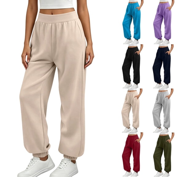 Women's High Waist Cuffed Jogger Sweatpants, Elastic Wide Band Waist Casual Athletic Long Pants with Side Pockets, Loose Fit Lounge Daily Workout Trousers Sizes S-XXL
