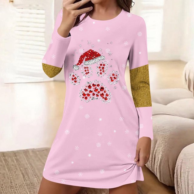 Camisón corto holgado y cómodo con cuello redondo y manga larga estampado para mujer