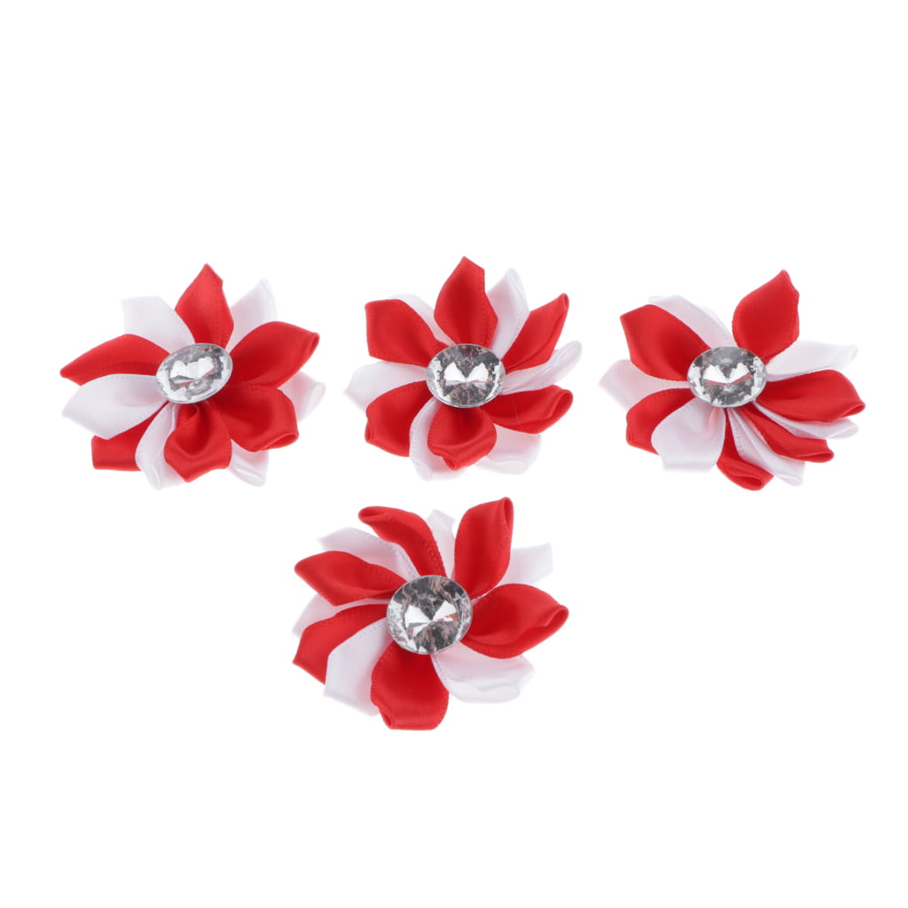 4pcs Silk Satin Ribbon Rhinestone Flowers Embellishments Diamante Floret