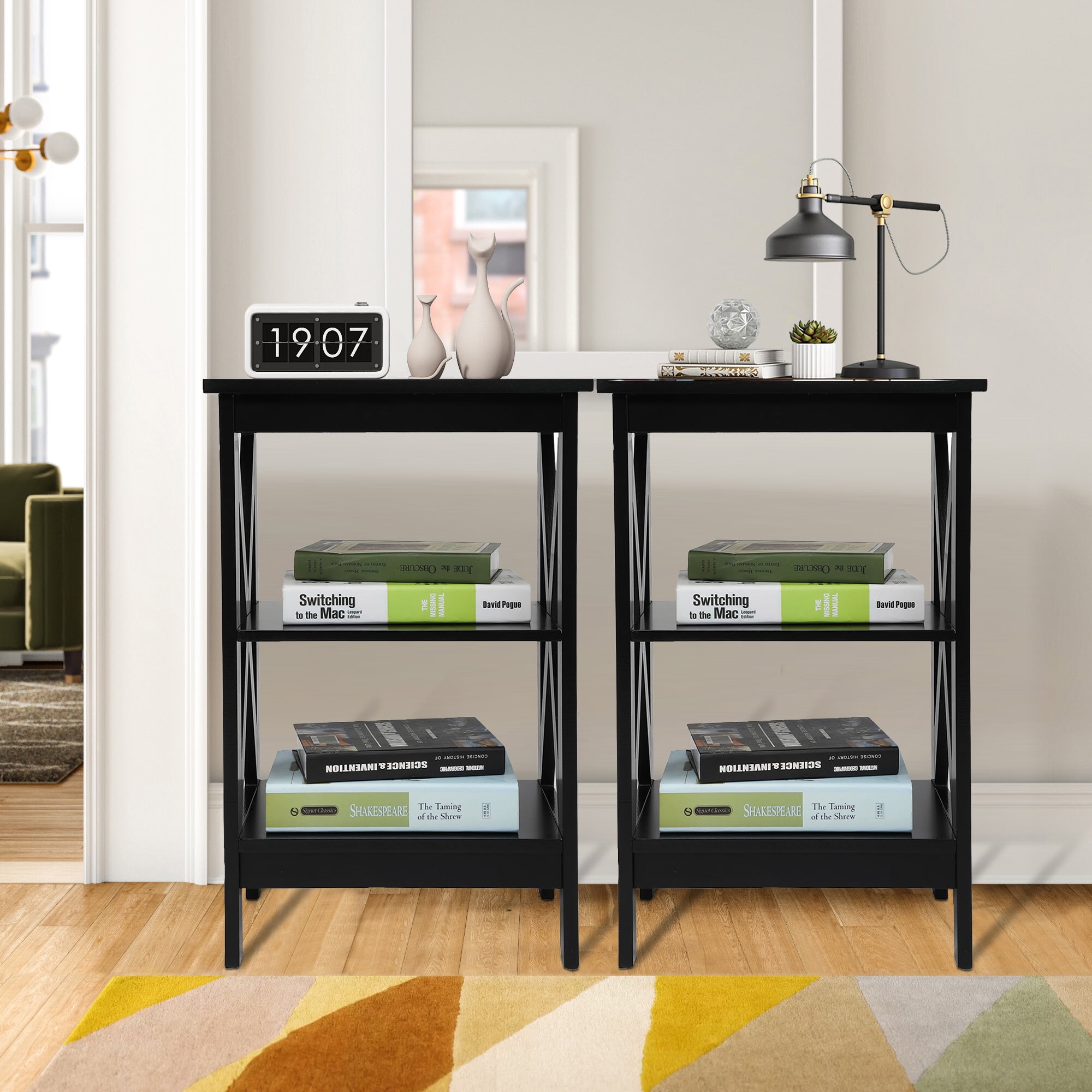 Black 3-Tier End Table Set of 2, Modern Wood Sofa Side Table with X ...