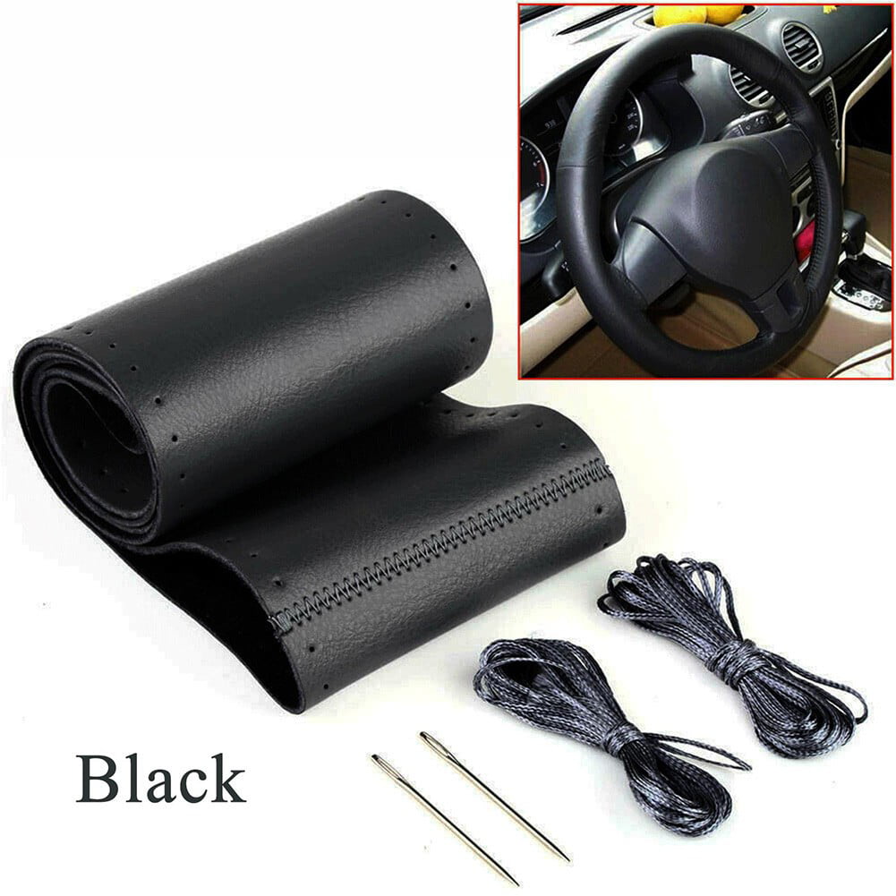 Suede Leather DIY Car-Steering Wheel Cover 37-38cm With Needles & Thread Black
