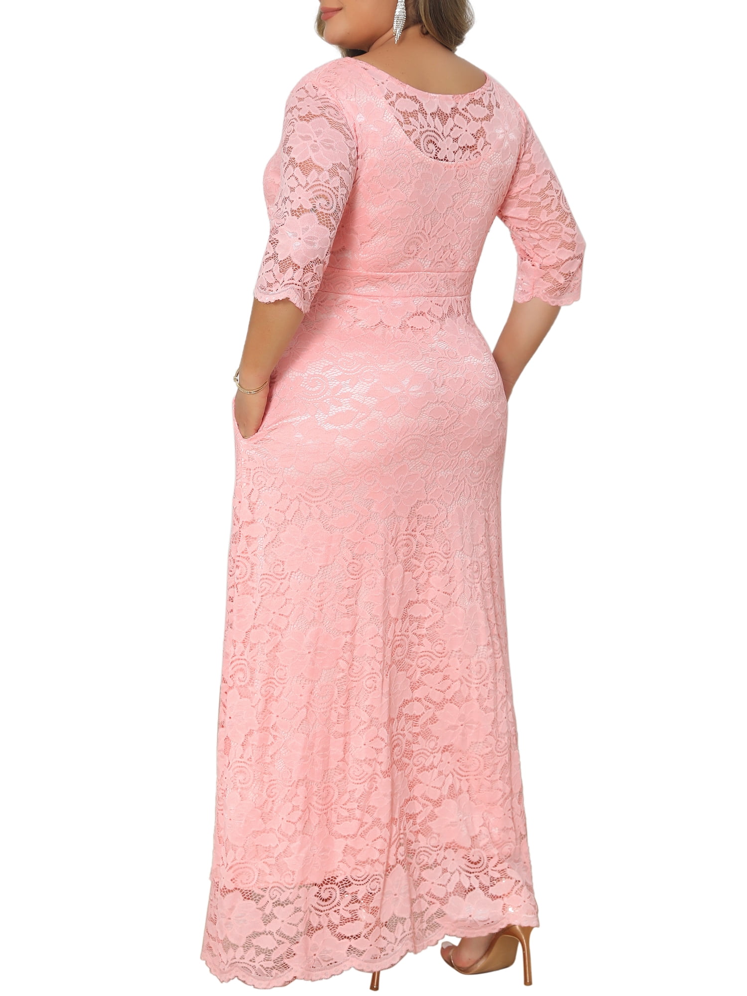 DARING DIVA Women's Plus Scoop Neck 3/4 Sleeves Floral Lace Dresses 1X Pink
