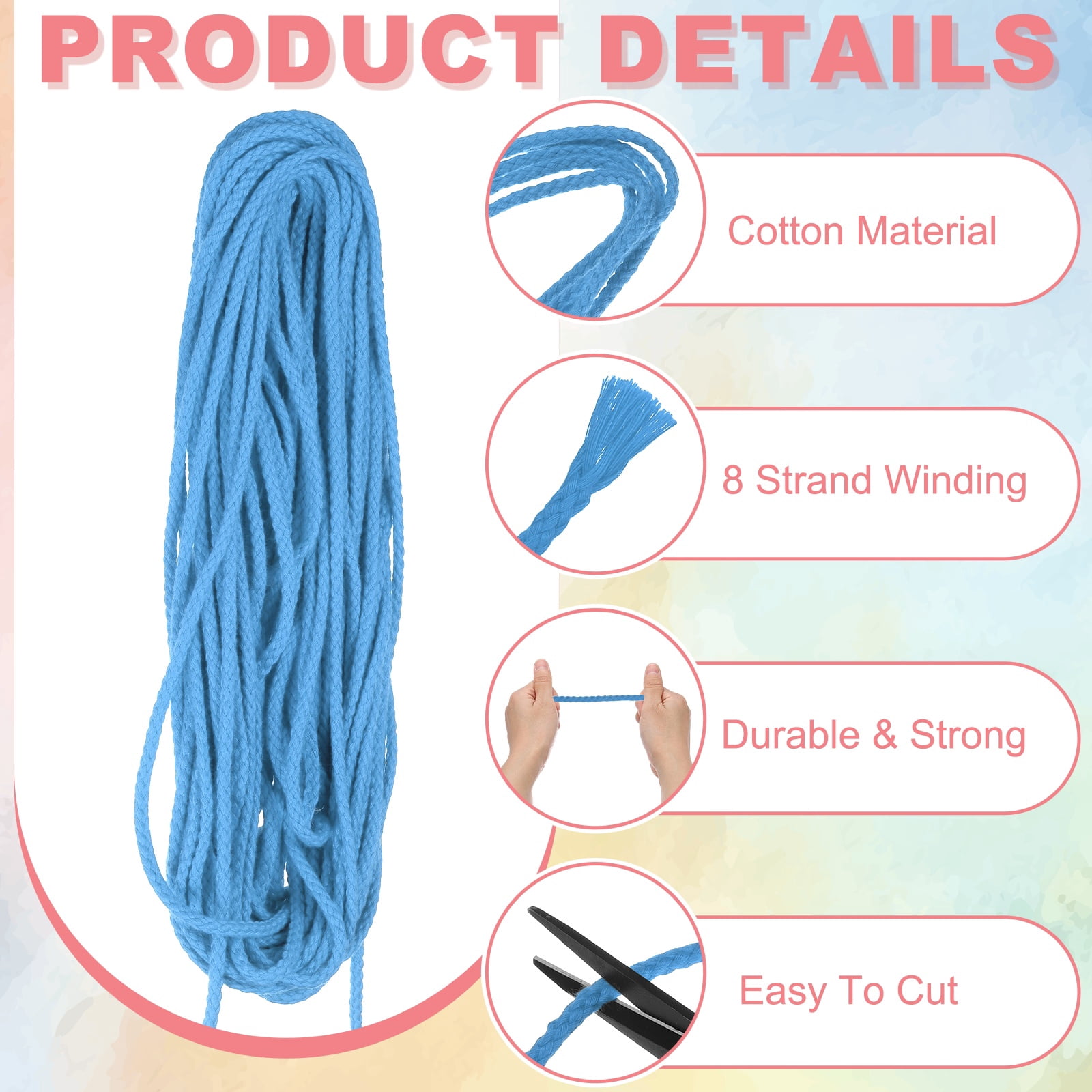 Braided Macrame Cord, 3/16" x 164ft 8 Strand Cotton Rope Braided String with Cord End Caps for Drawstring, Plant Hanger Wall Hanging, Dream Catcher Crafts, Emerald Blue