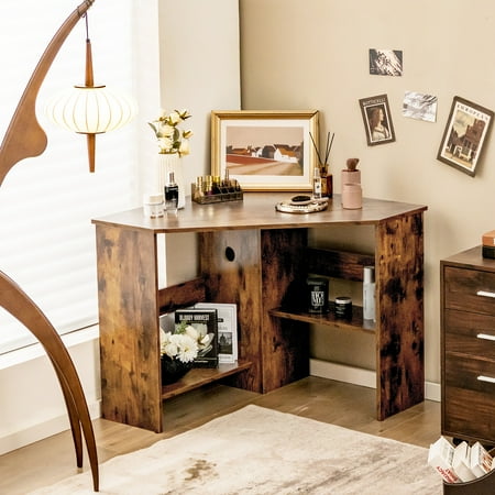 Costway Corner Computer Desk Triangle Writing Workstation w/Storage Shelf Rustic - Rustic Brown