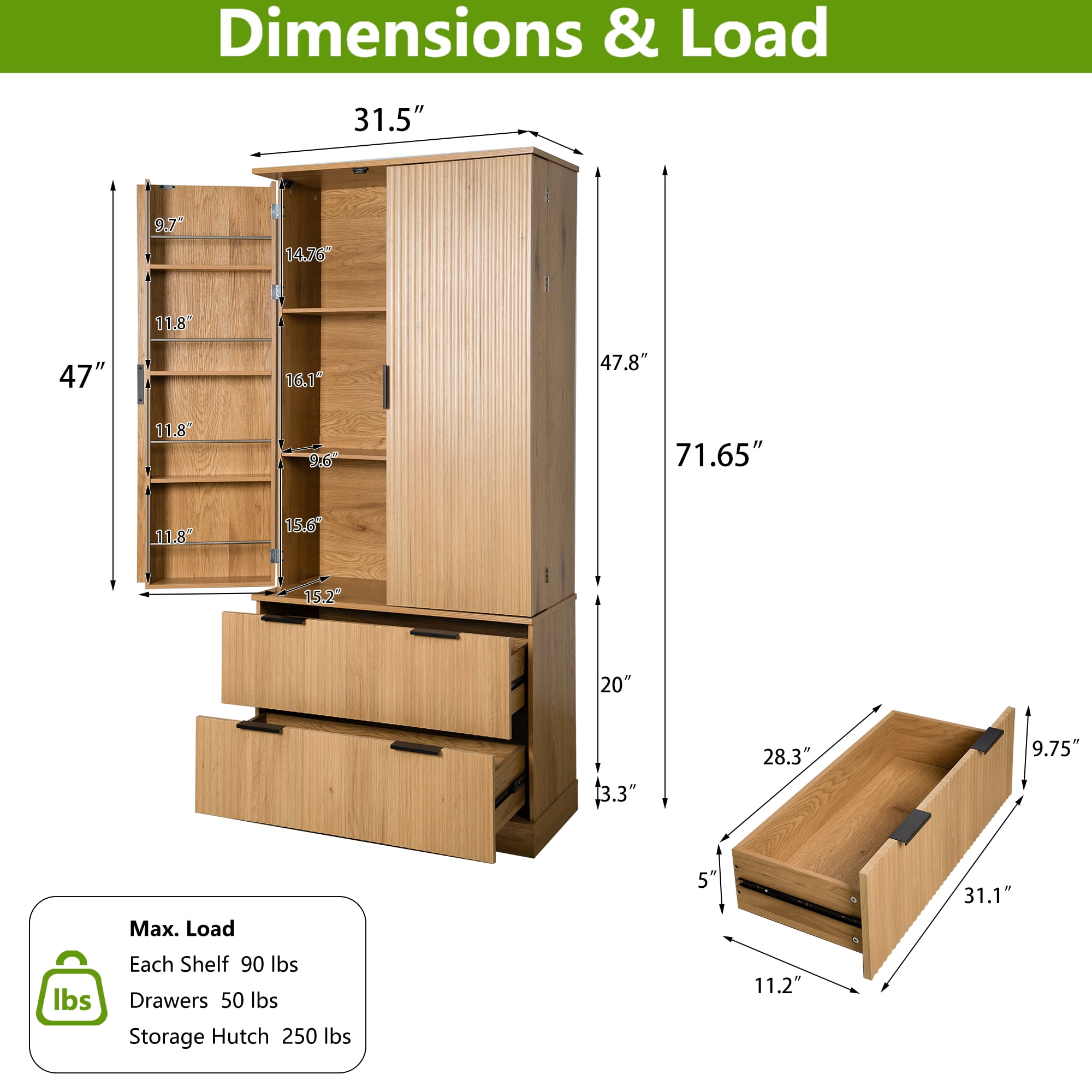 Howcool 72"H Fluted Kitchen Pantry Cabinet,Freestanding Storage Organizer with 2 Large Drawers,8-Door Spice Racks & Adjustable Shelves for Kitchen,Dining Room,Bathroom,Entryway,Oak