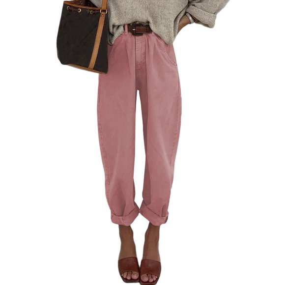 Vaqueros elegantes para mujer, cintura alta, casual, holgados, color rosa, talla 14