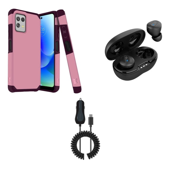 BD Combo Bundle Case for Moto G Power 5G 2023 Case - (Pink Wine) Dual Shockproof Protector Armor Case with Wireless Earbuds with Charging Case, 15W Type-C Car Charger with Extra USB Port (6 Foot)