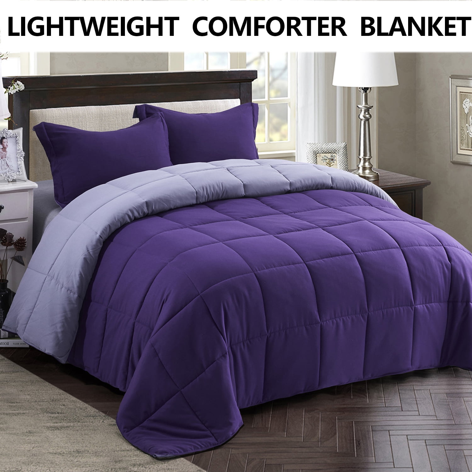 Purple Quilted Microfiber Plush Flannel Sherpa Comforter 3pc Set Full/Queen 