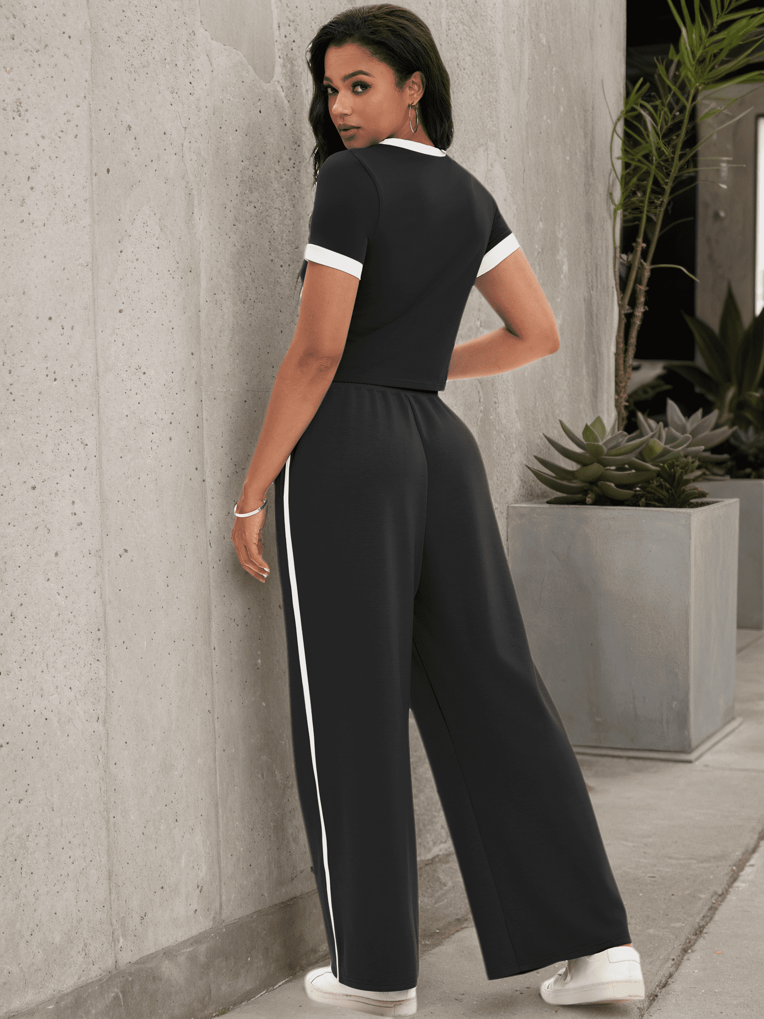 DARING DIVA Women 2 Pieces Set Crop Tops Wide Leg Pants Fall Outfits XL Black