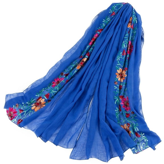WHAMVOX  Floral Shawl Cotton and Linen Flower Scarf Royal Blue Women's