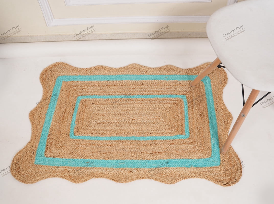 Rectangle Rug Area Rug Natural Fiber Jute Hand Braided Rug Cyan Color Scalloped Pattern Eco Friendly Rug