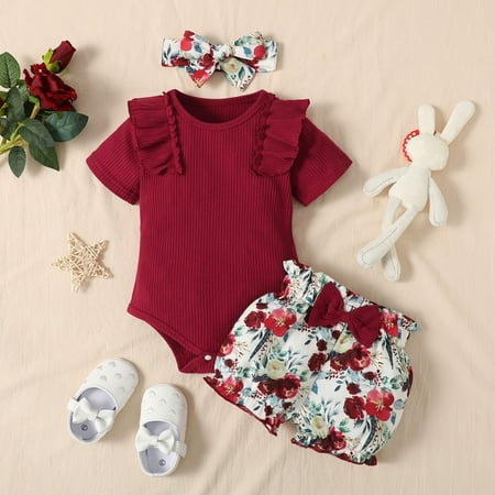 

Qazqa Infant Girls Ruffles Short Sleeve Ribbed Romper Bodysuits Bowknot Floral Printed Shorts Headbands Newborn Outfits