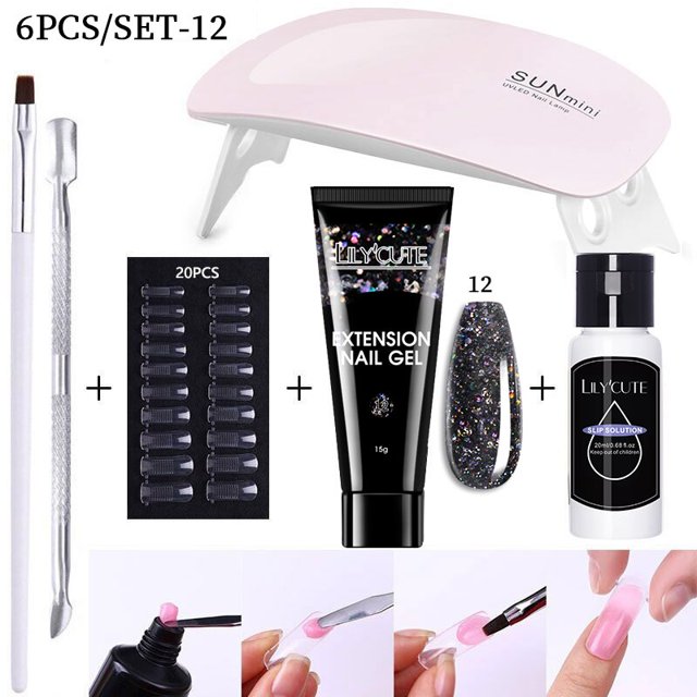 LILYCUTE Juego de manicura de gel de extensión de uñas Lámpara LED UV de 6W con solución de deslizamiento Soak Off Cepillo de uñas francés Kit de herramientas de arte de uñas zhangmengya LED